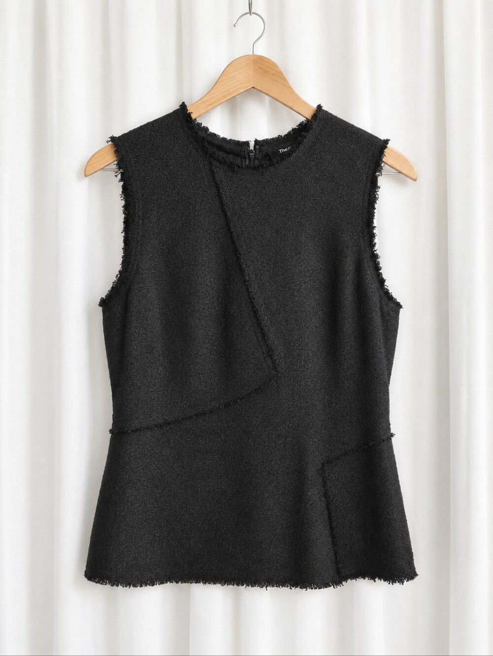  Theory Black Spring Bouclé Asymmetrical Seamed Frayed Edge Linen Blend Blouse